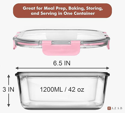 Razab 2 PC 1200ML / 41 Oz Glass Food Storage Containers with Lids - Airtight & Leakproof - Microwave/Oven/Freezer Safe - BPA Free - Ideal for Meal Prep, Storing Leftover & Lunch