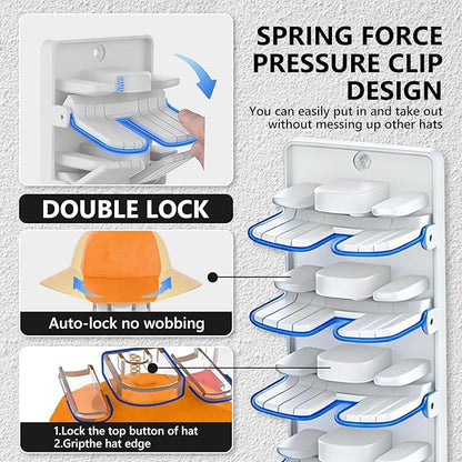 Hat Organizer for Baseball Caps with Built Spring Clips 2 Packs - Wall Mount Closet Hat Rack Holder, Storage for Wall Door/Closet Display Hat Racks Hanger (Strong Adhesive & Screws) White