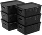 Set of 6 Plastic Lidded Storage Shelf Baskets, Stackable Storage Basket with Lid, Black