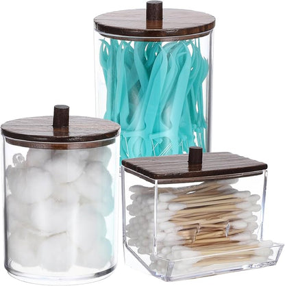 Hipiwe 3 Pack Acrylic Cotton Ball Holder Clear Qtip Holder Bathroom Canister Storage Box with Lid Apothecary Jars Makeup Organizer for Cotton Balls,Swabs,Pads,Brown