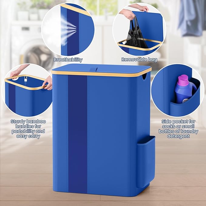 BlissTotes Laundry Basket with Lid, 80L Clothes Laundry Hamper with Handles and Removable Laundry Bag, Breathable Design Hamper with Lid for Bedroom, Bathroom, Dorm, Laundry Room - Blue