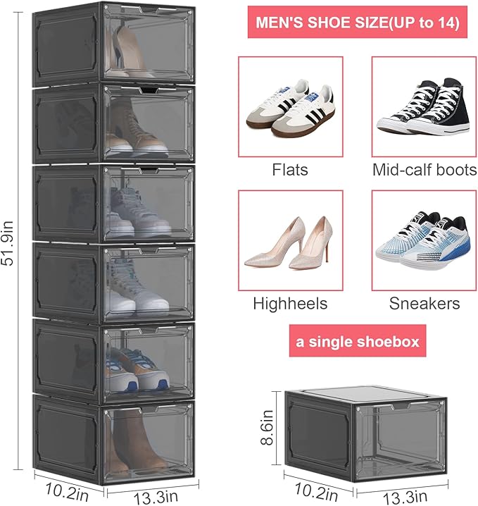 Shoe Box,Set of 6,Stackable Plastic Clear Shoe Box Organizer with Magnetic Door,Shoe Storage Box Thicken Sturdy,Easy Assembly,Fit up to US Size(Front opening door, Black)