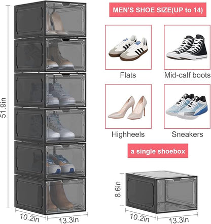 Shoe Box,Set of 6,Stackable Plastic Clear Shoe Box Organizer with Magnetic Door,Shoe Storage Box Thicken Sturdy,Easy Assembly,Fit up to US Size(Front opening door, Black)