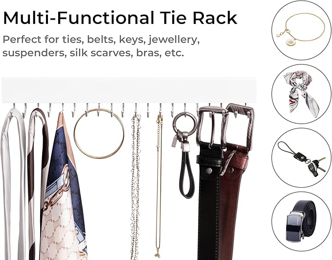 StorageWorks Tie Rack with 20 Hooks, 2-Pack Wall-Mounted Wooden Hangers for Neckties, Belts, Hats, White