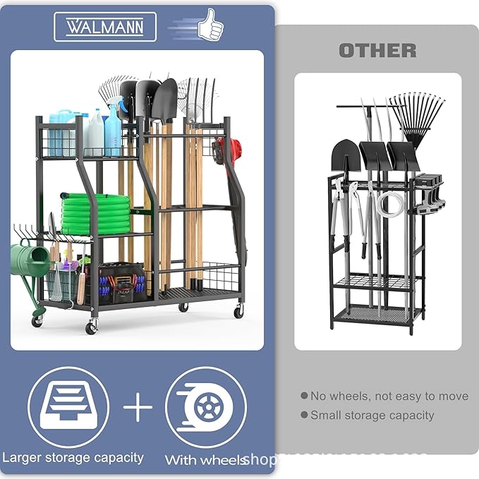 Extra Large Garden Tool Organizer Rack with Wheels, 3x2 Heavy Duty Garage Storage Stand Holds 60+ Tools, Black
