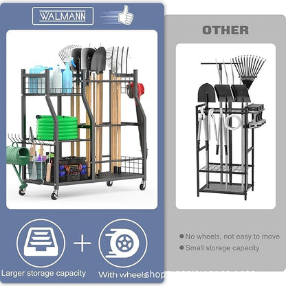 Extra Large Garden Tool Organizer Rack with Wheels, 3x2 Heavy Duty Garage Storage Stand Holds 60+ Tools, Black