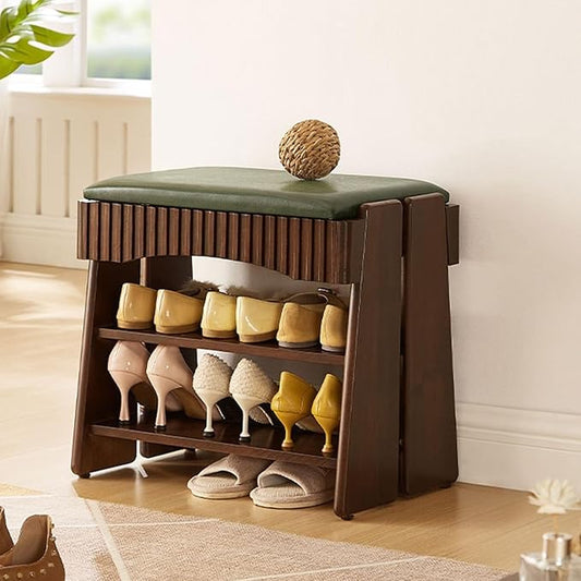 Entryway Shoe Rack Organizer with Upholstered Bench, 3-Tier Wooden Shoe Storage with Padded Seat for Bathroom and Front Door