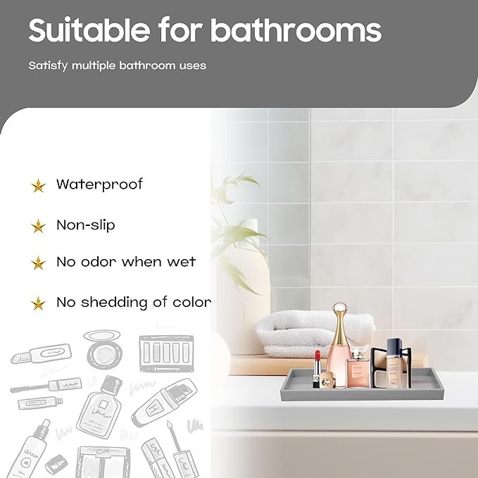 Vanity and Bathroom Tray, 9.8" ABS Countertop Organizer,Waterproof Vanity Tray for Toilet Tank,Perfume,Soap,Keys,Bathroom Accessories,Kitchen and Bath Trays,Non Slip Small Trays,Gray