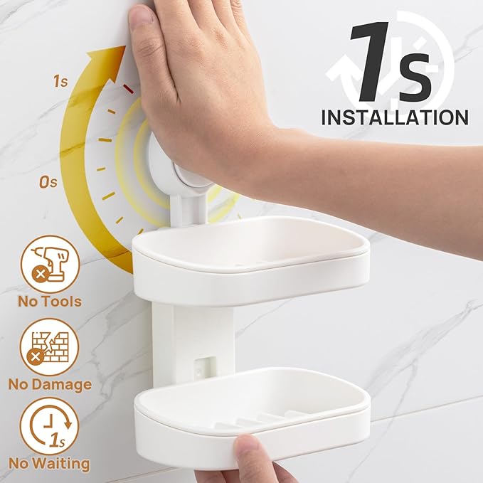 LEVERLOC Soap Dish Holder for Shower, Double Layer Suction Cup Wall Mounte Self Draining Removable Waterproof Strong Suction Bar Soap Holder for Shower, White