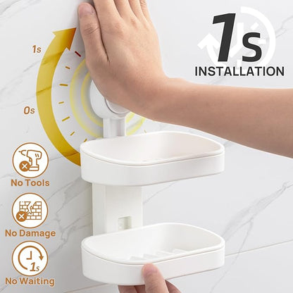 LEVERLOC Soap Dish Holder for Shower, Double Layer Suction Cup Wall Mounte Self Draining Removable Waterproof Strong Suction Bar Soap Holder for Shower, White
