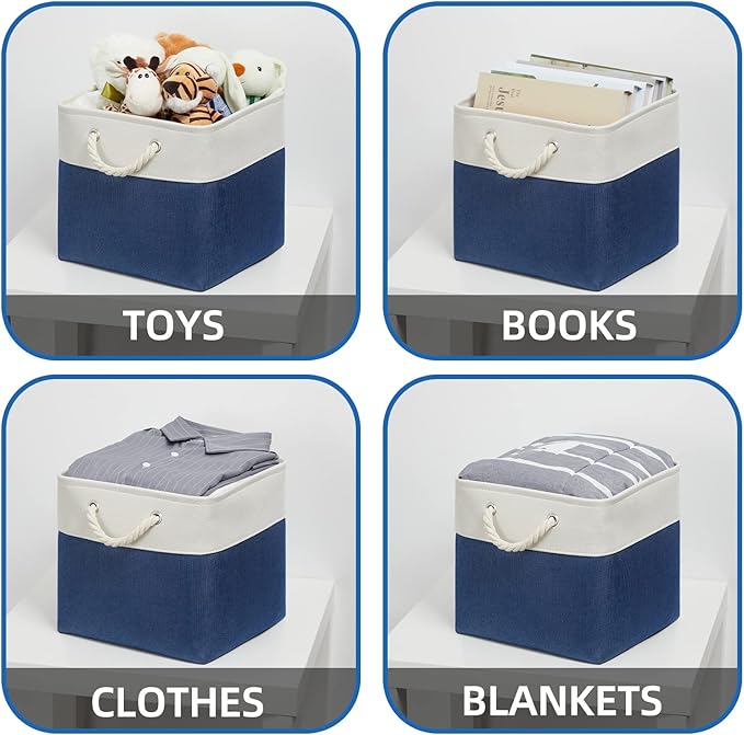 Temary Fabric Storage Cubes for Organizing 4Pack Blue Fabric Storage Basket 12 Inch Cube Storage Bins with Handles for Organizing Toys, Shelf Baskets for Home Office Closet (White&Blue)