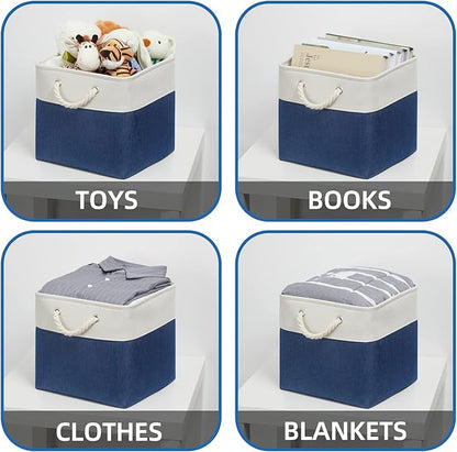 Temary Storage Baskets for Shelves 13x13 Baskets for Gifts Empty, 4 Pack Shelf Baskets Large Storage Baskets Cube Storage Bins Fabric Storage Cubes with Handles for Shelves (White&Blue)