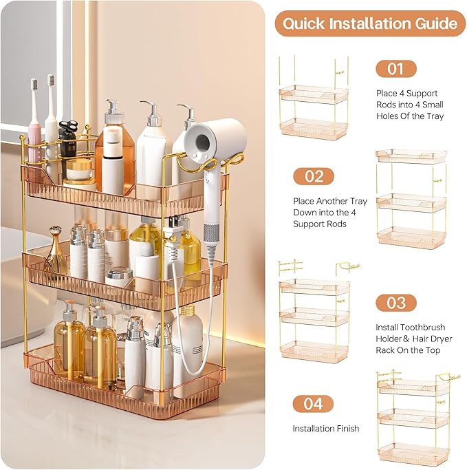 3-Tier Bathroom Countertop Organizer - Amber Acrylic Vanity Trays with Hair Dryer & Toothbrush Holder - Luxury Skincare, Perfume & Makeup Storage Rack for Countertop, Dresser & Cabinet
