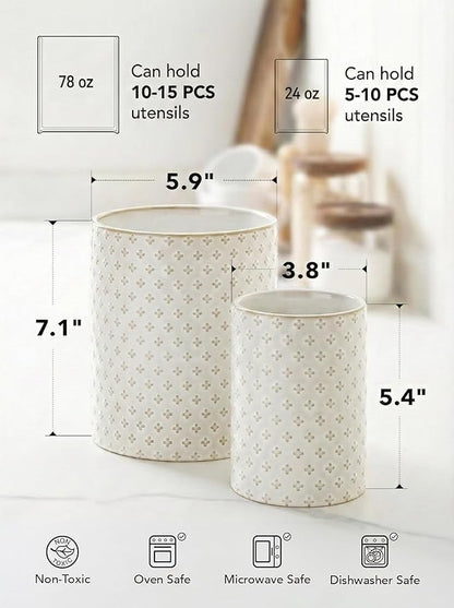 LE TAUCI Utensil Holder for Kitchen Counter - 7.1"+5.4" Ceramic Kitchen Utensil Holder Set of 2, Large Cooking Utensil Crock & Organizer for Spatula, Spoon - Embossed Kitchen Decor, White,Clover