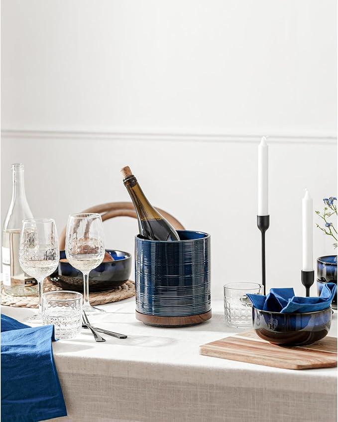 Utensil Holder, 360° Rotating Extra Large Ceramic Kitchen Utensil Holder for Countertop, 7.3“ Cooking Utensil Crocks for Kitchen Counter with Rotatable Wooden Base, Farmhouse Decor, Dark Blue