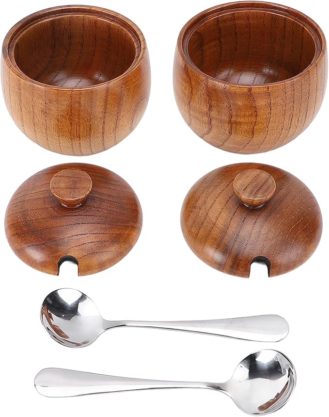 Yosoo Health Gear Wood Salt Bowl 2pcs Wood Salt and Bowl with Lids and Spoons, Multifunctional Salt Jar with Lid Spoon for Sugar Condiment 3.3x2.6in Cellar and Storage Box