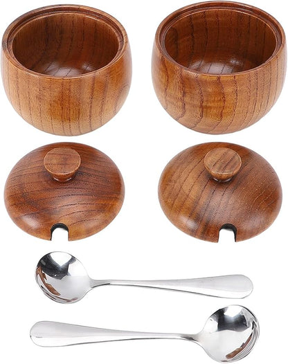 Yosoo Health Gear Wood Salt Bowl 2pcs Wood Salt and Bowl with Lids and Spoons, Multifunctional Salt Jar with Lid Spoon for Sugar Condiment 3.3x2.6in Cellar and Storage Box