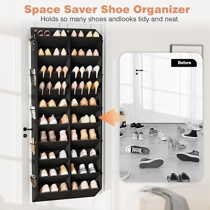LANTEFUL Over the Door Shoe Organizer, Hanging Shoe Rack for Closet Door Shoe Storage for 30 Pairs Sneaker and Boots, Large Shoe Holder for Door with 10 Side Pockets, Space Saving, Black