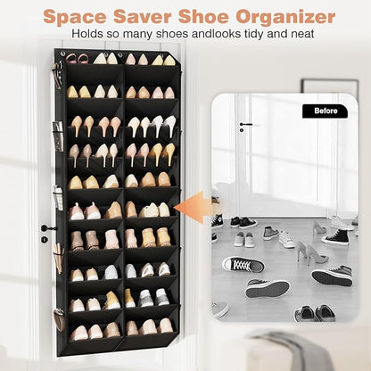 LANTEFUL Over the Door Shoe Organizer, Hanging Shoe Rack for Closet Door Shoe Storage for 30 Pairs Sneaker and Boots, Large Shoe Holder for Door with 10 Side Pockets, Space Saving, Black