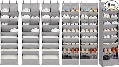 6 Pack Shoe Organizer with 6 Extra Large Pockets and 4 Large Pocket, Over the Door Sturdy Closet Storage Rack, Hanging Shoe Organizer for Shoes, Sneakers, Grey