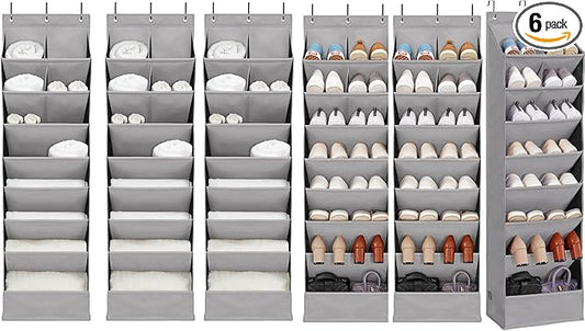 6 Pack Shoe Organizer with 6 Extra Large Pockets and 4 Large Pocket, Over the Door Sturdy Closet Storage Rack, Hanging Shoe Organizer for Shoes, Sneakers, Grey
