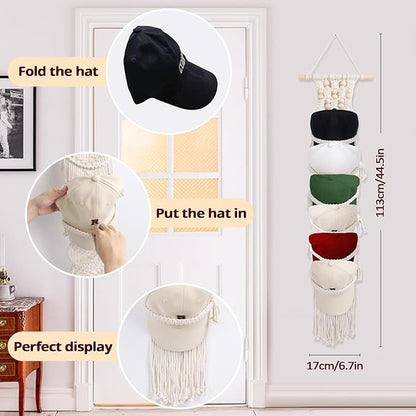 SelfTek 1 Pack Hat Organizer for Baseball Ca-ps, Macrame Hat Holder For Wall, Hat Racks for Wall Door, Boho Hat Hanger Decorative Hat Storage for Baseball C-aps [ Up to 12 C-aps ]