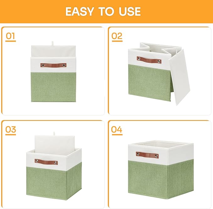 DULLEMELO 11x11 Cube Fabric Organizer Storage Bins for Shelf, Toy Square Green Bins, Kids Clothes Closet Baskets Storage, for Bedroom, Living Room, Dorm(White&Green-4 Pack)