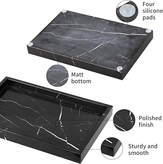 Marble Bathroom Vanity Tray, Natural Luxury Vanity Home Kitchen Bathroom Table Tray, Stone Decorative Countertop Dresser Trays for Key Coffee Perfume Jewelry Makeup (Black Marquina, 12"x 8" x1.2")