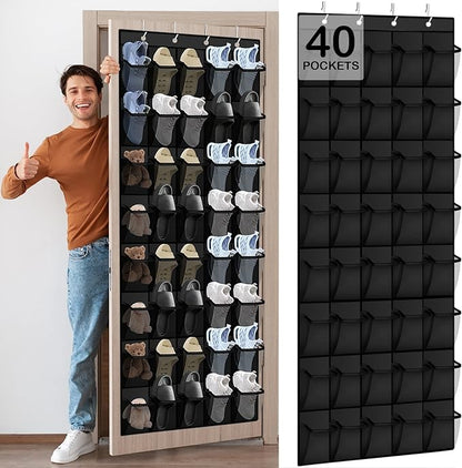 Over the Door Shoe Organizer - 40 Large Breathable Mesh Pockets, Space Saving Hanging Shoe Organizer with Metal Hooks, Hanging Shoe Rack for Men's and Women's Shoes (Black)