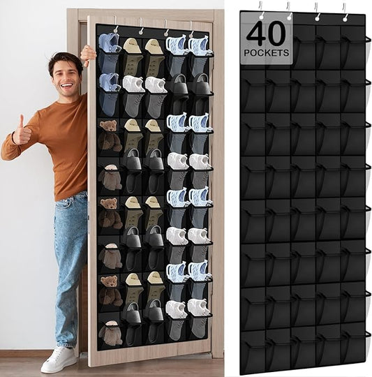 Over the Door Shoe Organizer - 40 Large Breathable Mesh Pockets, Space Saving Hanging Shoe Organizer with Metal Hooks, Hanging Shoe Rack for Men's and Women's Shoes (Black)