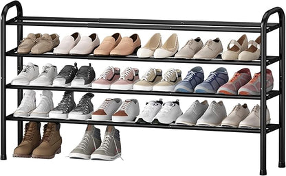 STO STO Long Expandable Shoe Rack 4-Tier, Adjustable Length 33.7”–47.5” Shoe Organizer, Metal Shoes Storage Shelf, Holds Up to 30 Pairs, Non-Slip Feet, for Closet, Entryway, Hallway, Front Door, Black
