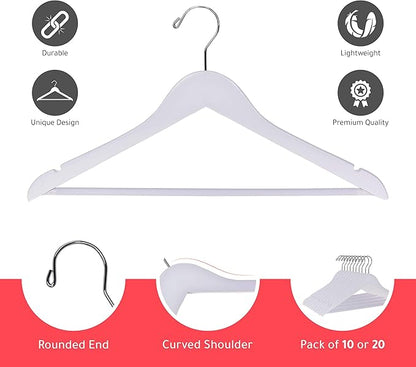 Quality Wooden Suit Hangers with Non Slip Pants Bar, 20 Pack, Smooth Finish Solid Wood Coat Hanger with Swivel Hook, Jacket, Pant, Dress Clothes Hangers (White, 20)