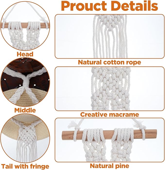 3 PCS Macrame Hat Hangers for Wall, Bohemian Hand Weaving Boho Hat Rack Organizer for Cowboy, Wide Brim, Bowler & Fedora Hats, Decorative Western Door & Wall Hanging Display (3 Hats Style)