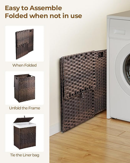 Greenstell Laundry Hamper with Lid, 90L Clothes Hamper with 2 Removable Liner Bags & 2 Mesh Laundry Bags, Handwoven Synthetic Rattan Laundry Basket for Clothes, Toys in Bathroom, Bedroom Brown