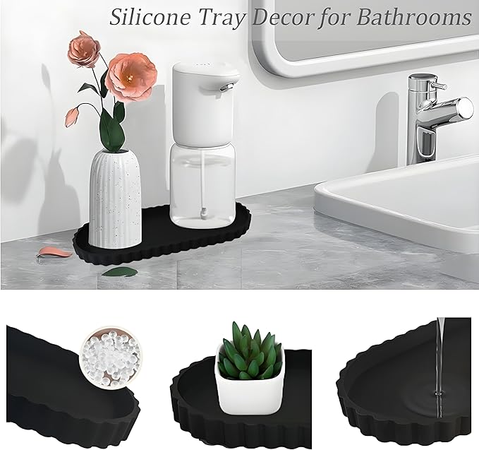 Black Oval Silicone Bathroom Vanity Tray - Decorative Soap Holder, Countertop Organizer for Kitchen/Bathroom/Coffee Table - Storage for Candle, Perfume, Jewelry Decor,Small Plant & Toiletries