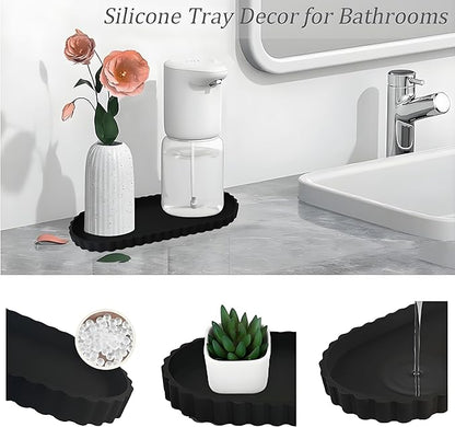 Black Oval Silicone Bathroom Vanity Tray - Decorative Soap Holder, Countertop Organizer for Kitchen/Bathroom/Coffee Table - Storage for Candle, Perfume, Jewelry Decor,Small Plant & Toiletries