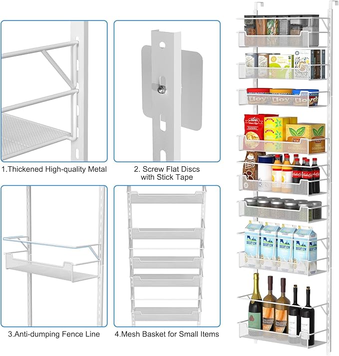 VyGrow Over the Door Pantry Organizer, 8-Tier Over the Door Organizer with Adjustable Basket, Pantry Door Organization for Pantry Kitchen Storage Room Spice Rack, White