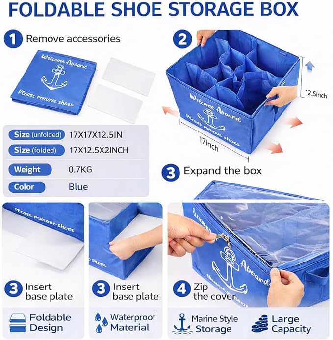 Marine Shoe Storage Box for Boat – Stackable Water-Resistant Boat Shoe Organizer with Clear Front for Yacht, Cabin & Sailing Storage, Holds Multiple Pairs.