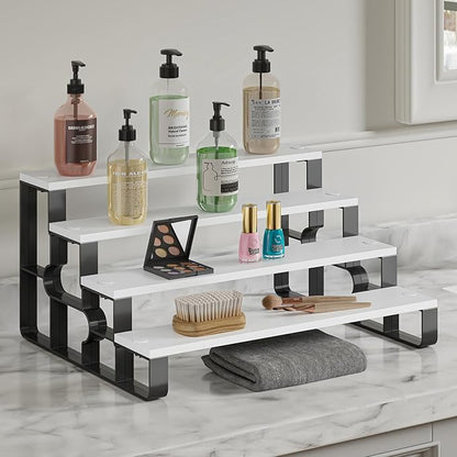 4 Tier Cologne and Perfume Organize for Women,Display Riser Stand for Bedroom Vanity,Wooden Bathroom Countertop Organizer,Bathroom Storage Shelf(White,Width=11.2")