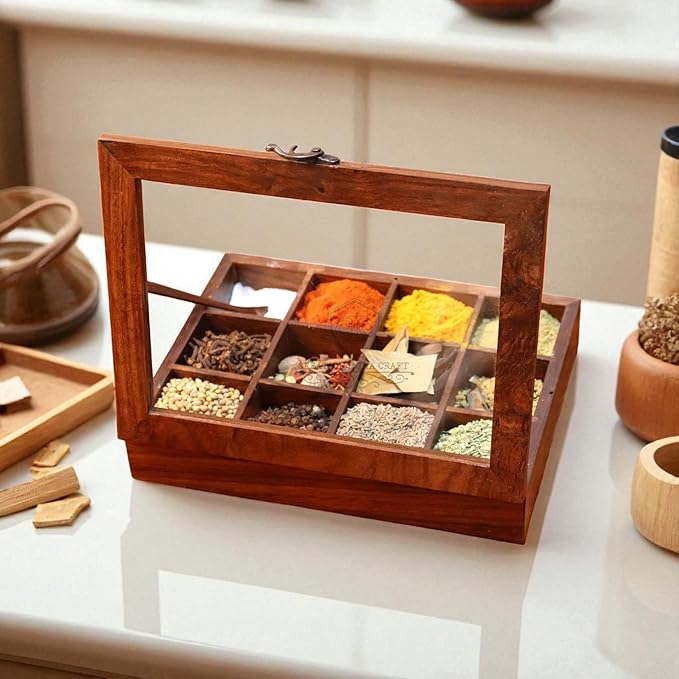 Wooden Spice Box, Masala Container, Condiments Storage Case for Kitchen, Multipurpose Decorative Box - Indian Rosewood Crafted