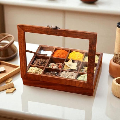 Wooden Spice Box, Masala Container, Condiments Storage Case for Kitchen, Multipurpose Decorative Box - Indian Rosewood Crafted