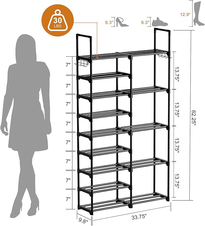 WOWLIVE 9 Tiers Shoe Rack Shoe Storage Shoe Organizer 30-35 Pairs Shoe Tower Unit Shelf Durable Metal Pipes with Plastic Connectors Stackable Cabinet Black(SSS2B9)