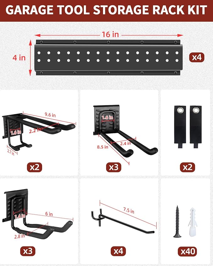 64-Inch Garage Storage Tool Organizer Wall Mount, Heavy Duty Garage Organization Metal Rack with 12 Hooks, Garden Tool Hanger Holder for Broom, Shovels, Ladders, Lawn Tools