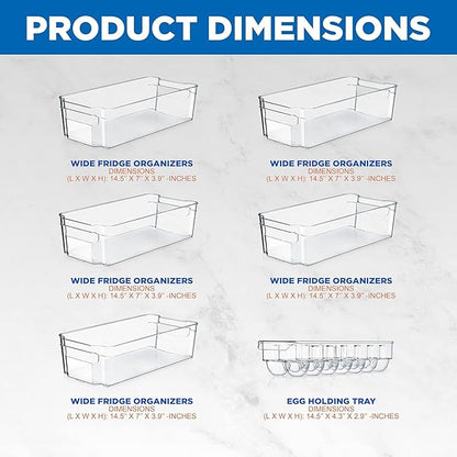 NutriChef Refrigerator Organizer Bins 6-Piece - Plastic Storage Bins with Egg Holder - For Fridge, Freezer, Kitchen, Cabinet, Countertops, Pantry - Stackable Food & Drink Containers, 14.5"x7" - Clear