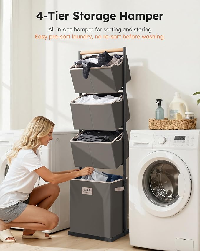 SOLEDI 4 Section Laundry Hamper Sorter, Stackable Laundry Basket Organizer with Removable Basket, 125L 4-Tier Vertical Laundry Sorter for Small Space, Laundry Room, Dorm, Bathroom, Wardrobe Grey
