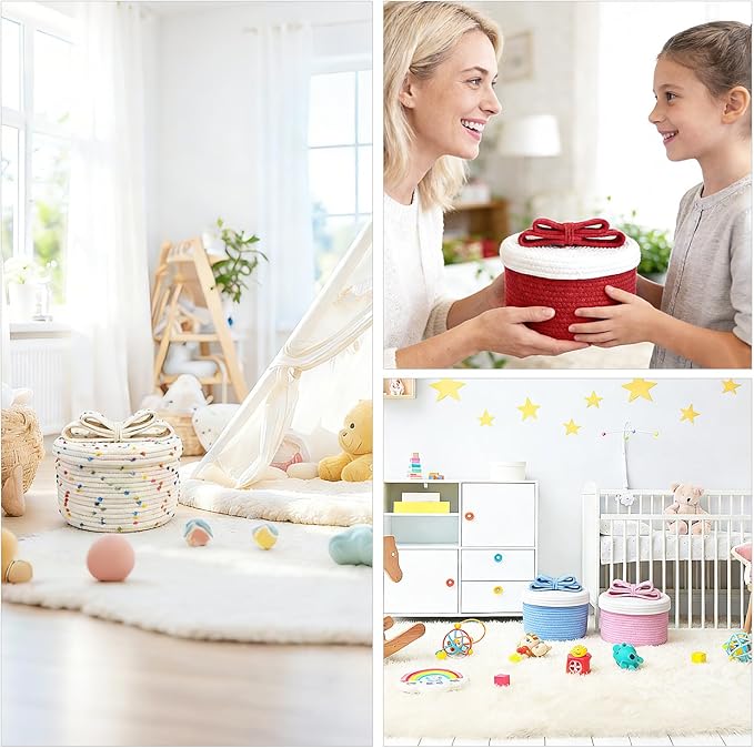 Small Storage Baskets with Lids, Round Woven Rope Basket with Lid, Cute Storage Box for Small Toy, Gift or Home Decor, Decorative Basket with Cute Bow Handle, Red