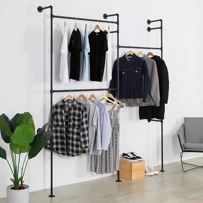 Wall Mounted Industrial Pipe Clothing Rack Garment Racks Pipeline Vintage Rolling Rack On Wall, Heavy Duty Rustic Gold Metal Garment Frame for Bedroom, Living room (Black)