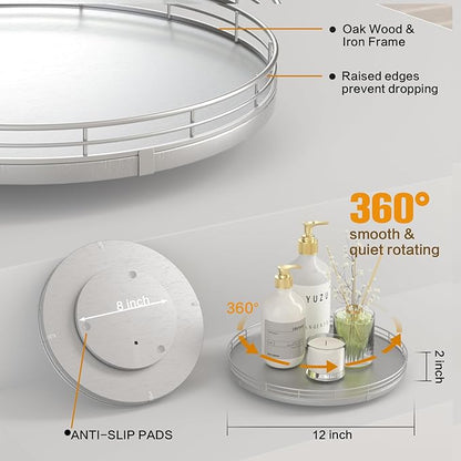 12" Silver Lazy Susan for Table Top, Oak Wood Lazy Susan Turntable Organizer for Dining Coffee Table Centerpiece Bar Decor Kitchen Countertop Bathroom Vanity Decorative Tray for Perfume Jewelry Round