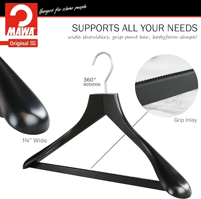 MAWA by Reston Lloyd, European Wooden Hanger, Beech Wood Body Form Hanger with Wide Supportive Shoulders, Rotating Chrome Hook, Black Finish, for Shirts, Blazers, Pants, Dress Clothes, Set of 2