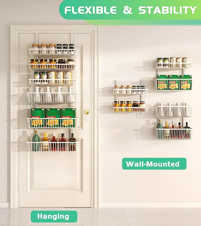 Mefirt Over The Door Pantry Organizer, Pantry Organization and Storage, 6-Tier Deep Baskets Hanging Heavy-Duty Metal, Wall Spice Rack Seasoning Shelves for Home & Kitchen, Laundry Room Bathroom, White